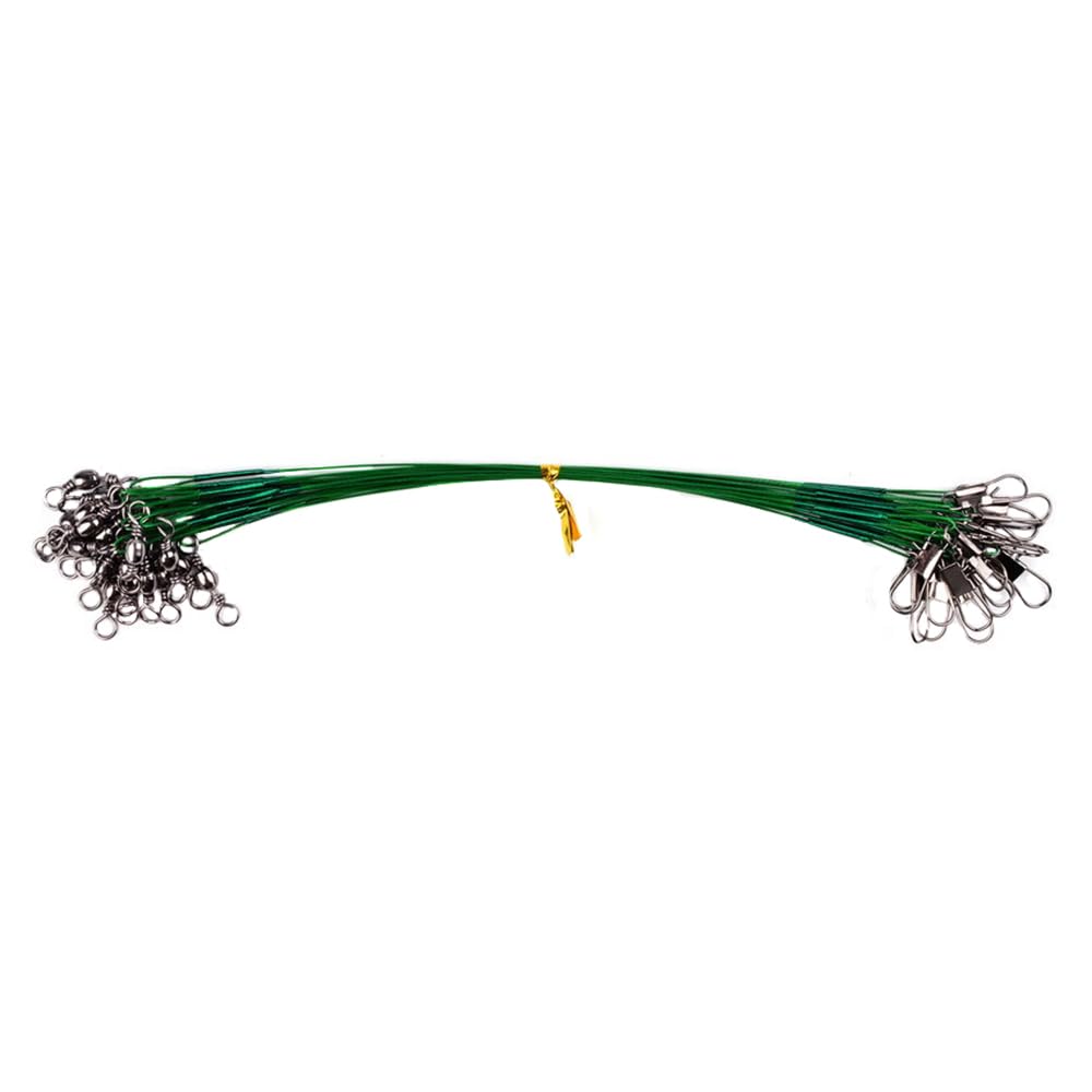 25Pcs (15# Green) Stainless Steel Fishing Wire Trace Leaders with Snap & Swivels, Anti-Bite Lure Wire Trace for Pike Perch Zander, Saltwater Freshwater Fishing Accessories Tackle