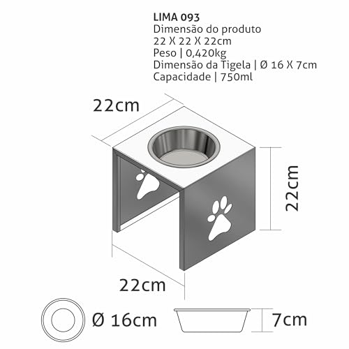 Comedouro Elevado Individual para Pets Tamanho Médio, Estrutura de Alumínio com Pintura Eletrostátic