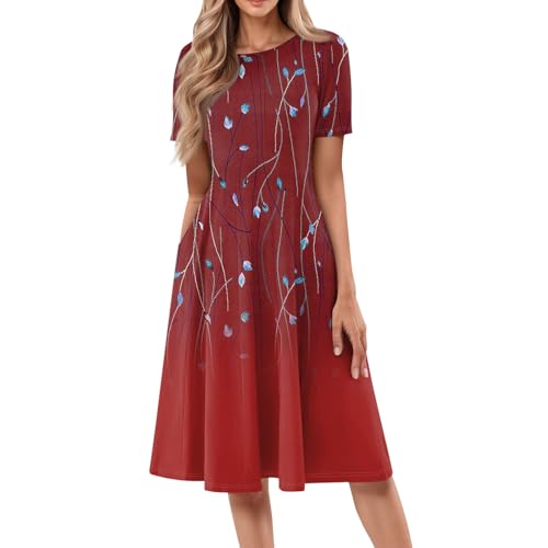 Cocktail Dresses for Older Women,Elegant Midi Short Sleeve Casual Beach A-Line Dress with Pockets for Everyday Wear and Vacation(Large,02-Wine)