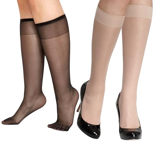Image of 6 Pairs Nylon Socks for Women Knee High Everyday Socks Wide Calf by Daisy&Dino, 6-Black&Nude, 4-9