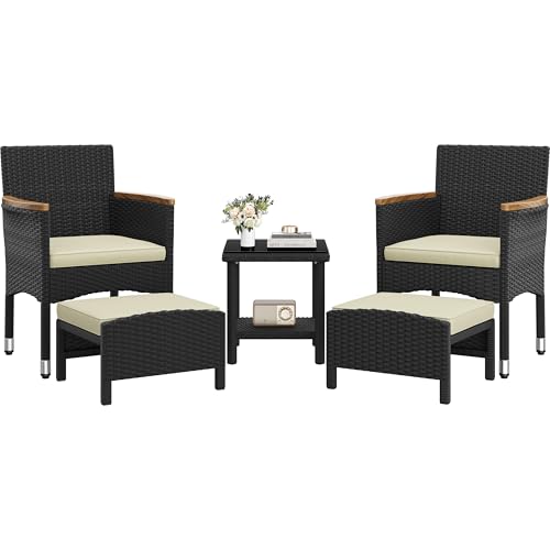 Abician 5 Pièces Salon de Jardin Exterieur en Résine, 2 Fauteuils, 2 Repose-Pieds et 1 Table Basse Plateau en Verre Trempé, Ensemble Mobilier de Jardin pour...