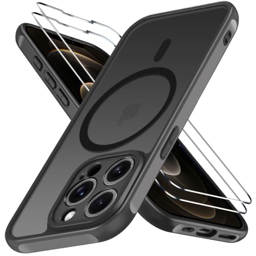 ivoler für iPhone 12 Pro Max Hülle 1 Magnetisch Handyhülle mit 2 Stück Panzer Schutz Glas [Kompatibel mit MagSafe] [Militärischer Schutz] Stoßfest Schutzhülle Case - Schwarz
