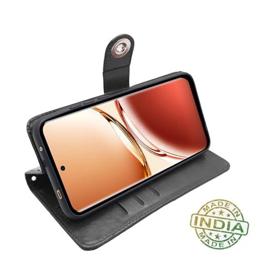 Image of Pikkme Flip Cover Leather Finish | Inside TPU with Card Pockets | Wallet Stand and Shock Proof | Complete Protection Button Flip Case for Oppo F27 5G (Black)