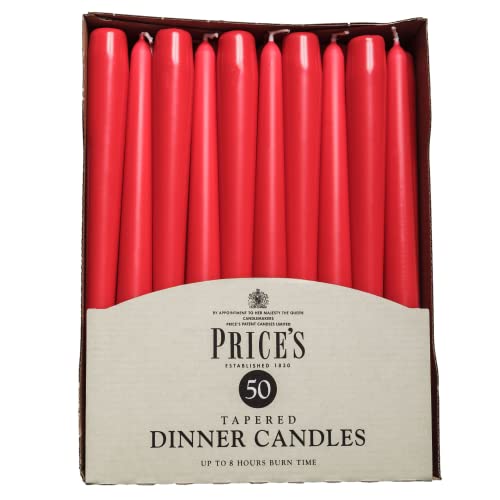 Price's Candles - Tapered Dinner Candles - Pack of 50 - Red - Dripless - Unscented - 7 Hour Burn Time