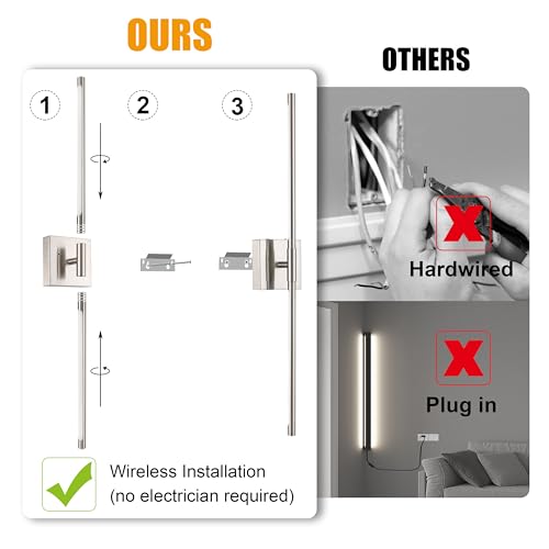 Image of Morauroral Battery Operated Wall Sconces Set of 2, Dimmable Battery Wall Sconce with Remote Control, Sand-Nickel LED Rechargeable Sconces, 30 Inch Modern Wireless Wall Lights for Bedroom, Living Room
