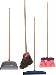 Kit Vassoura Piaçava Multiuso com Cabo 1,20 cm, Rodo Trava Pano Borracha Dupla de 40cm e Cabo de 1,20cm, Vassoura de Pelo sintético com cabo1,20 cm e Pá de lixo com cabo de 60cm