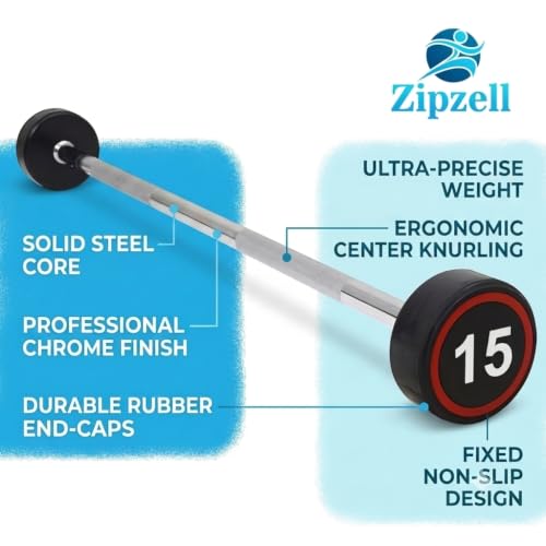 Image of Sports Fixed Weight Barbell, 15 kg, 30 mm Diameter, Rubber Coated Steel, Black