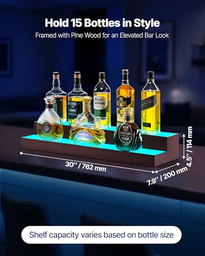 Image of VEVOR LED Lighted Liquor Bottle Display, 2-Tier 30-Inch Whiskey Rack, Support USB, Illuminated Home Bar Shelf with RF Remote & App Control, 7 Static Colors, Acrylic+ Wood Lighted Shelf for 15 Bottles