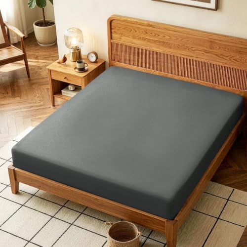 Image of Lirex Fitted Sheet, King Size 100% Cotton 300 Thread Count Soft Breathable Fitted Sheet, Dark Grey