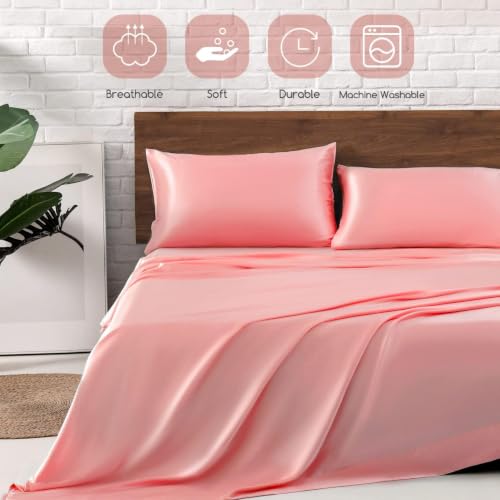 Image of MR&HM Satin Bed Sheets, Twin Size Sheets Set, 3 Pcs Silky Bedding Set with 15 Inches Deep Pocket for Mattress(Twin, Blush)