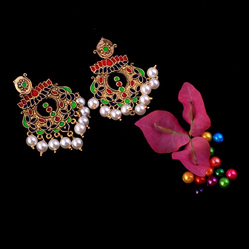 Image of Yellow Chimes Beautifully Enamelled Stylish Gold Plated Meenakari Chandbali Earrings for Women and Girls