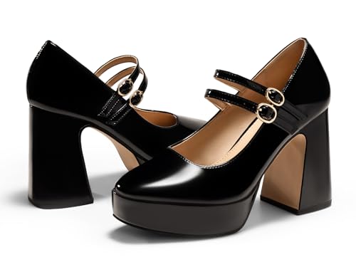 Coutgo Womens Mary Jane Platform High Heels Chunky Block Heel Closed Toe Pumps Buckle Strap Wedding Dress Shoes