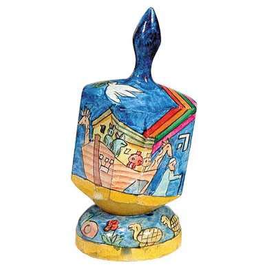 Noah's Ark Hand Painted Large Wooden Dreidel and matching Stand by Yair Emanuel