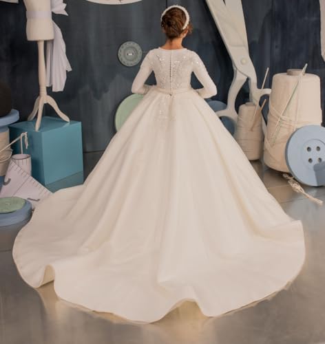 Long Satin White Flower Girl Dress Elegant Holy Communion Dress Beaded Long Sleeves Princess Ball Gowns for Teen Girls3