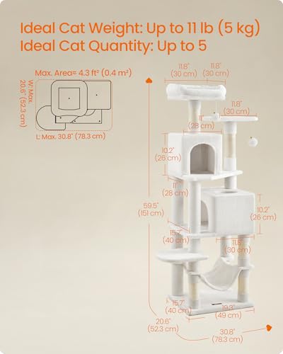 Image of Feandrea Cat Tree, 59.5-Inch Tall Cat Tower, Plush Multi-Level Condo with 5 Scratching Posts, 2 Perches, 2 Caves, Hammock, 2 Pompoms, Cream White UPCT192T01