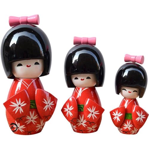 Glixoft 3 Uds Muñeca con Kimono Japonés, Muñeca Geisha Oriental, Marioneta, Adorno, Estatua De Muñeca Kokeshi, Hecha a Mano, Decoración para Niñas