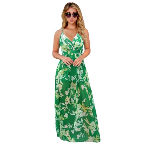 HEYPORK Damen Frühling Sommer Kleider Bequem Lässig Modern Elegant Röcke Frauen Kleid Böhmischen Floralen Halfter Langes Kleid(Grün, XL)