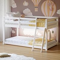 Vantic Floor Bunk Bed with LED Light, Low Bunk Bed with Wide Stairs, Convertible Soild Wooden Toddler Bunk Bed with 6 Hooks, Space-Saving, White