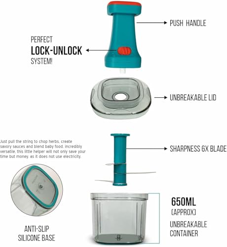 Image of Manual Push Vegetable Chopper with 6 Stainless Steel Blades (650ml, Multicolor) | Heavy Duty Hand Press Food Processor & Whisk for Onion, Salad, Chutney & Gravy