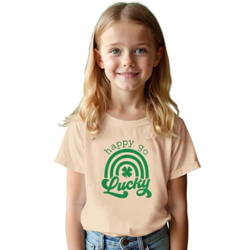 Image of Boys Girls St Patricks Day Shirts Kid Happy Go Lucky Shamrock T-Shirt Short Sleeve Clover Tees Tops Irish Outfit(Beige,9-10Y)