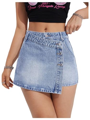 MakeMeChic Women's Wrap Denim Skirts Button Front Asymmetrical Hem Short Jean Skirt