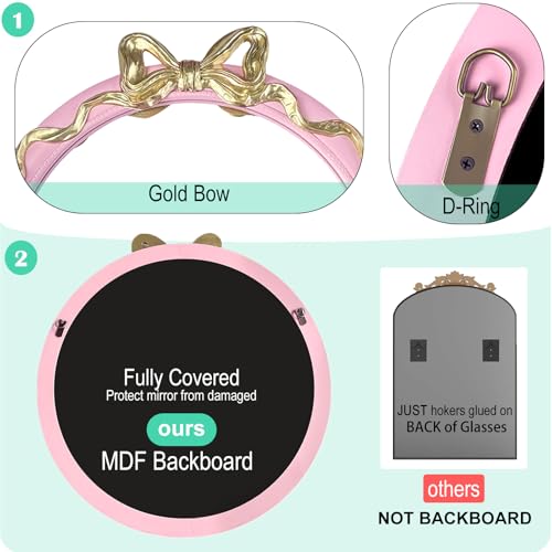 Image of 28x28 inch Pink Bow Mirrors for Wall, Round /Circle God Decorative Wall Mounted Mirror, Suitable for Bedroom, Hallway, Living Room Decoration, Nursery Room, Girl's Room