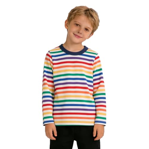 Image of LittleSpring Unisex Kids Long Sleeve Striped Tee Shirt Tagless Crew Neck Cotton T-Shirt