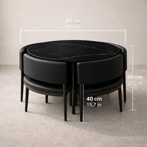Deep Sleep Space-Saving Round Dining Table Set | Ceramic Stone-Look Tabletop | 4 Nesting Cushioned Chairs | Modern Compact Dining Set for Apartments| Black