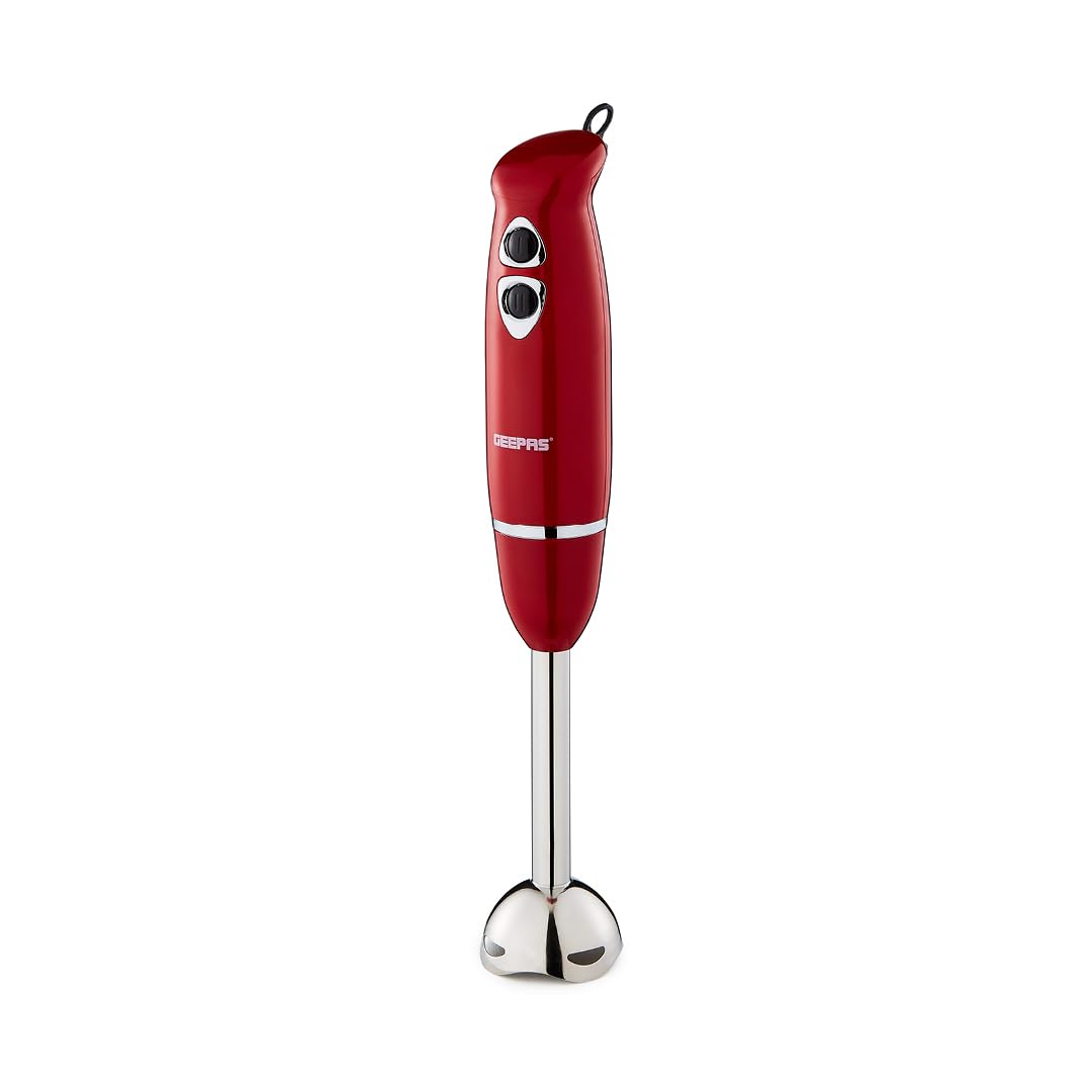 Geepas Retrovive 400W Hand Blender | Handheld Immersion Blender, Food Collection Stick Blender with Stainless Steel Blades for Making Smoothies Baby Food Soup Sauce Puree | 2 Blending Speed | Red