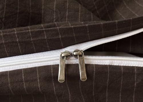 Image of PinkMemory Brown Striped Duvet Cover King White Pinstripe Duvet Cover Bedding Set 100% Washed Cotton Stripes Patterned 3pcs Retro Striped Bedding with Zipper Closure Corner Ties,Soft Breathable
