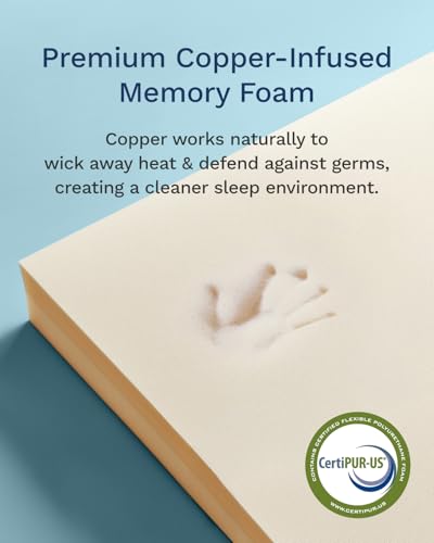 Image of ViscoSoft Active Cooling 4 Inch Twin XL Size Memory Foam Mattress Topper for Cooler Sleep - Copper-Infused Mattress Pad with Straps - Firm Bed Topper with Washable Cover