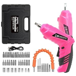 Pink Cordless Electric Screwdriver Set, 3.7V Rechargeable Small Electric Drill with 47pcs Driver Bit Set, Power 3Nm Screw Gun with 2 Position Handle, Flexible Shaft LED Light for Women