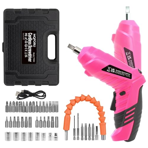 Pink Cordless Electric Screwdriver Set, 3.7V Rechargeable Small Electric Drill with 47pcs Driver Bit Set, Power 3Nm Screw Gun with 2 Position Handle, Flexible Shaft LED Light for Women by MQFORU - Used condition - US$18.01