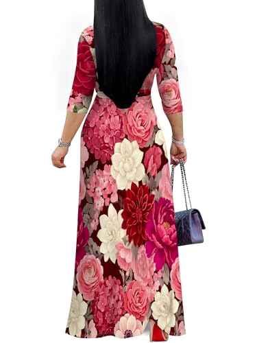 Image of PinkPatty Women's Plus Size Maxi Dresses Casual Flowy 3 /4 Sleeves Dress Printed Vacation Dress for Daily Wear with Belt