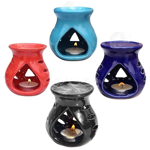 Image of Pure Source India Ceramic Aroma Oil Burner Pack of 4 (Sky Blue, Navy Blue, Red, Black)