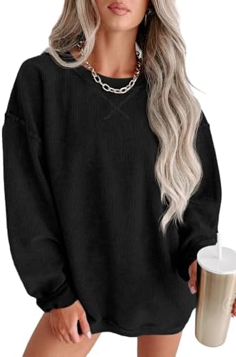 QIXING Damen Sweatshirt Oversize Pullover Rundhals Baumwollpullover Langarm Cordpullover Tops Herbst Mode Outfits 2025