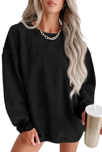 Image of QIXING Women's Oversized Sweatshirts Casual Corduroy Jumper Tops Long Sleeve Crew Neck Pullovers(Black, L)