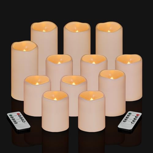 Artmarry Velas sin llama de 4, 5 y 6 pulgadas, juego de 12 pilares impermeables marfil de 3 pulgadas de diámetro, funciona con pilas, incluye función de temporizador remoto de 10 teclas, más de 400