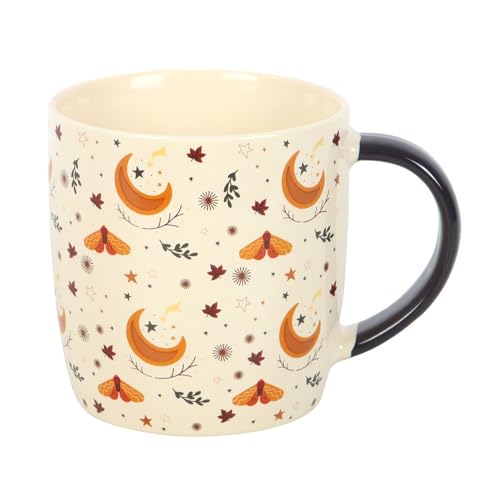 Autumn Magic Harvest Moon Print Taza de cerámica de 340 ml, elegante diseño de luna de cosecha con hojas y estrellas doradas, apta para microondas, solo lavar a mano, ideal para bebidas de otoño