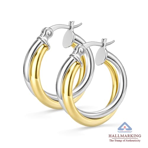 Image of TRUESILVER ACPL 925 Sterling Silver Hoop Earrings for Women | BIS Hallmarked Two-Tone & Three-Tone Intertwined Hoop Earrings | Oval & Round Lightweight Jewelry
