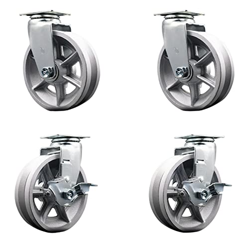 Swivel Top Plate Caster Set – Silver 6 Inch by 2 Inch V-Groove Semi Steel Cast Iron Wheel –Roller Bearing–1,800 lbs. Total Capacity–Includes 2 Locking Casters and 2 Swivel Casters–Service Caster Brand
