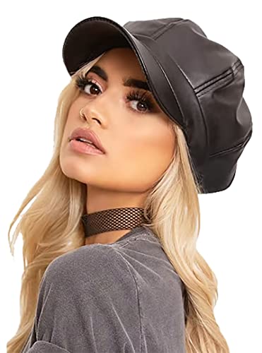 Vikodah Women Pu Leather Newsboy Caps 8 Panel Cabbie Beret Cap Painter Hat Fishing Hat Black #TOP5