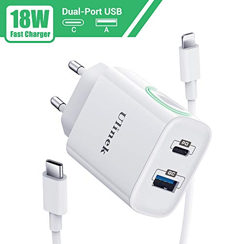 Ulinek Cargador Carga Rapida 18W con 2 Puertos Cargador Rapido iPhone Fast Charge 3.0 con 2M Cable USB C a Lightning MFi Certificado Cargador Rápido USB C Adaptador para iPhone 11 Pro MAX XS XR X 8