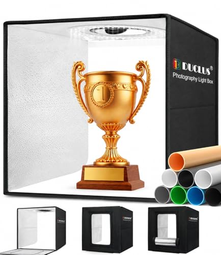 DUCLUS Lightbox 40x40 cm, Studio Fotografico Pieghevole, 5500K kit con Tenda Luminosa Dimmerabile, Illuminazione a 160 LED e 8 Sfondi per la Fotografia di Prodotti
