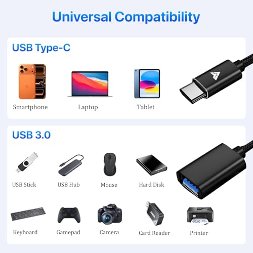 Image of DR VAKU Type C to USB A 3.0 OTG Cable Adapter Connector Fast Charging Data Transfer Cord Speed Upto 4.8 GBPS Nylon Braided for iPhone 17 /15 /16 Laptops, Smartphone & Other Type C Devices- Black