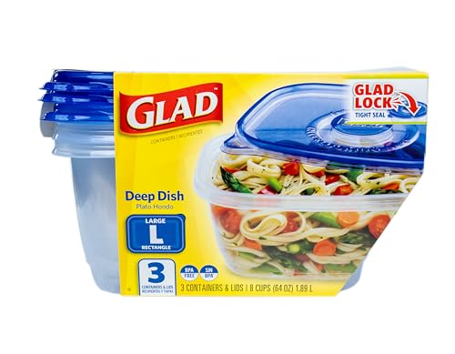 Glad GladWare Deep Dish Food Storage Containers, 64 Oz, 3 Count | Lock-tight seal for soups, salads, and meal prep in a large rectangle format, microwave and dishwasher safe - image 2