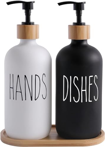 Image of Soap Dispenser for Kitchen Handwash Dispenser Dish Wash Dispenser Liquid Soap Dispenser for Kitchen Sink Dishwash and Hand Wash Liquid Dispensers Pump with Bamboo Tray, Glass, 17 Ounces