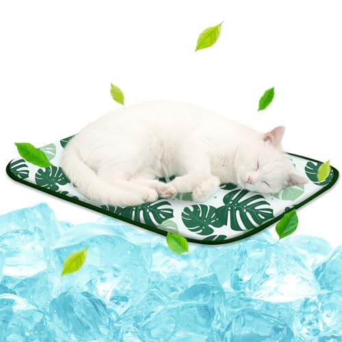 NWK Pet Cooling Mat -Q-Max>0.345 Ice Silk Cooling Mat for Dogs & Cats Portable & Washable Pet Cooling Blanket, Car Seats, Beds for Summer (Green Leaf, 20'' X 16'' X 0.3'')