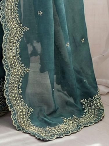 Image of SIRIL Women's Shimmer Georgette Scalloped Border Sequins Embroidery Saree with Unstitched Blouse Piece