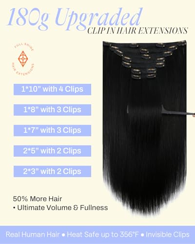 Image of Full Shine Jet Black Clip in Hair Extensions Human Hair, 20 Inch 180g | Thick Straight Human Hair Clip in Extensions, Extra Fullness, Salon Styling, Long Wear Comfort, 7Pcs